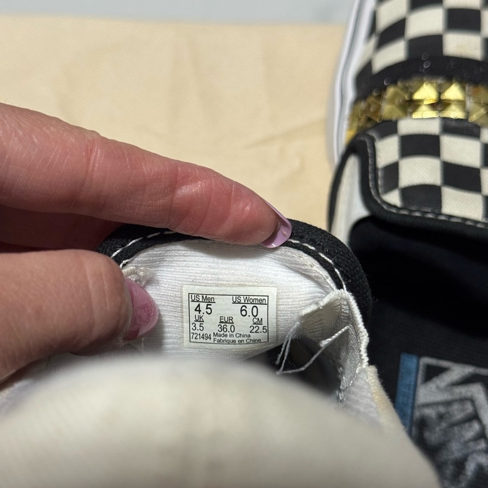 Vans Black and White Checkered Slip-Ons with Red Heart and Gold Studs - Picture 6 of 8